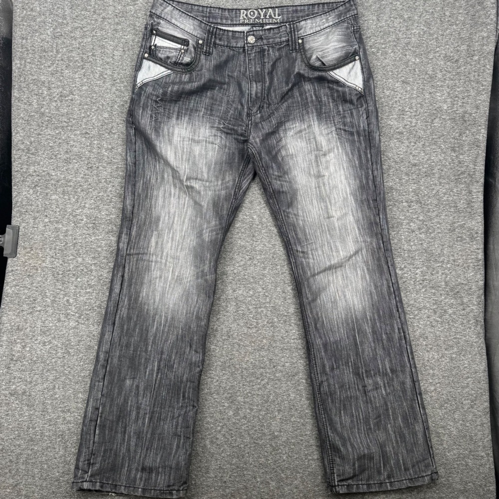 Royal Premium Mens 42x34 Studded Acid Wash Grey Black Straight Leg Denim Jeans